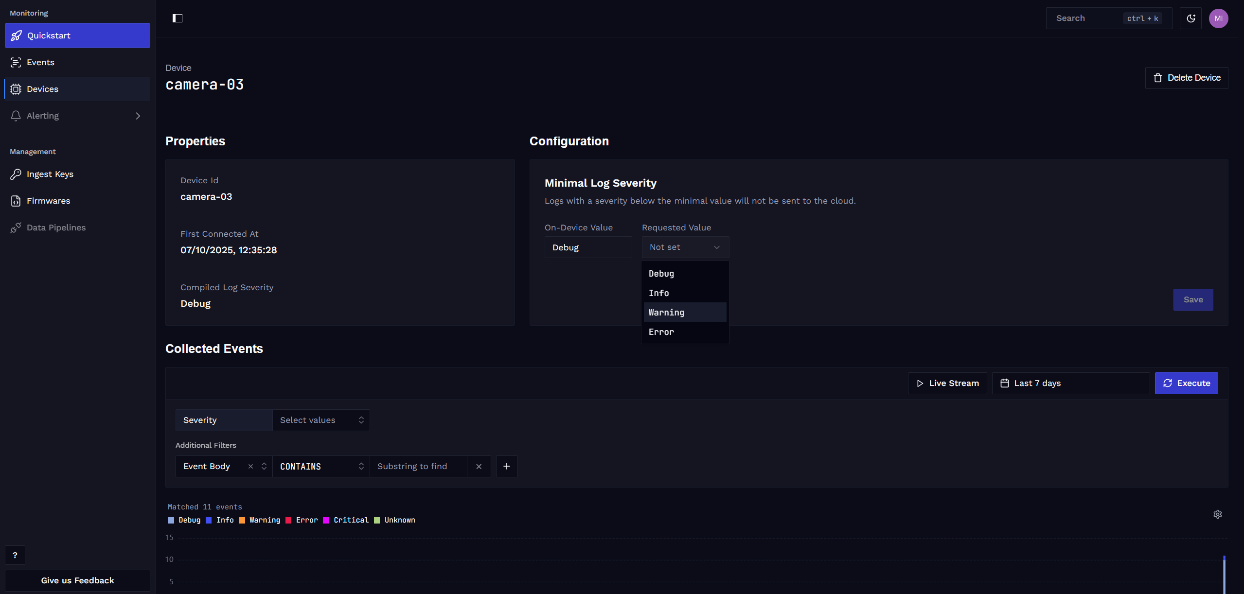 Device detail with reported and desired log severity.