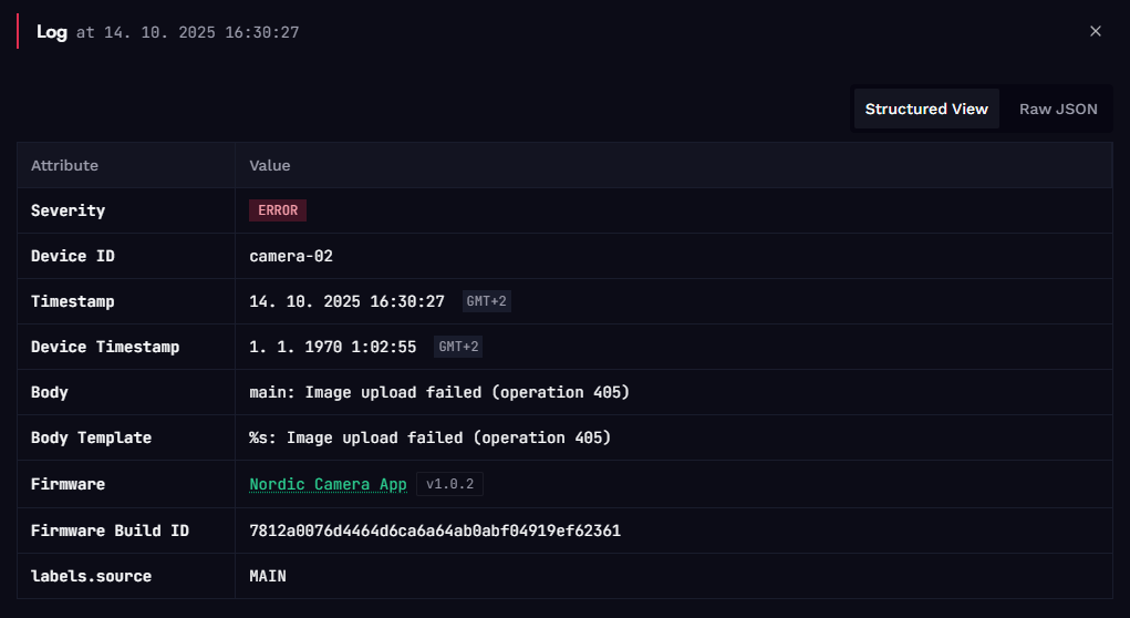 Log detail showing Build ID, firmware, and version.