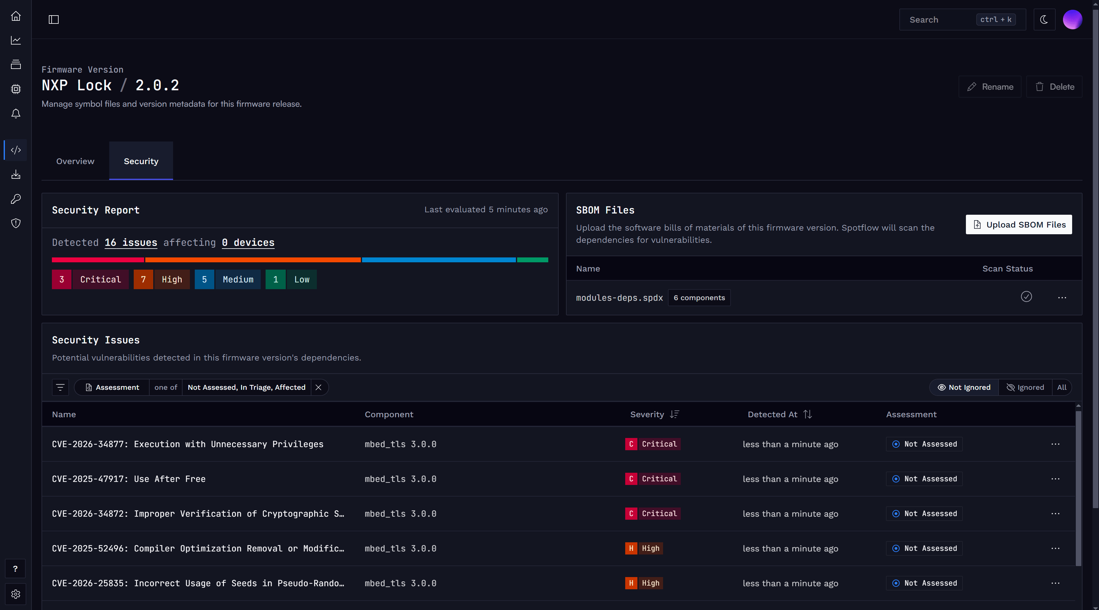 Firmware version detail showing the uploaded SBOM File and detected security issues.