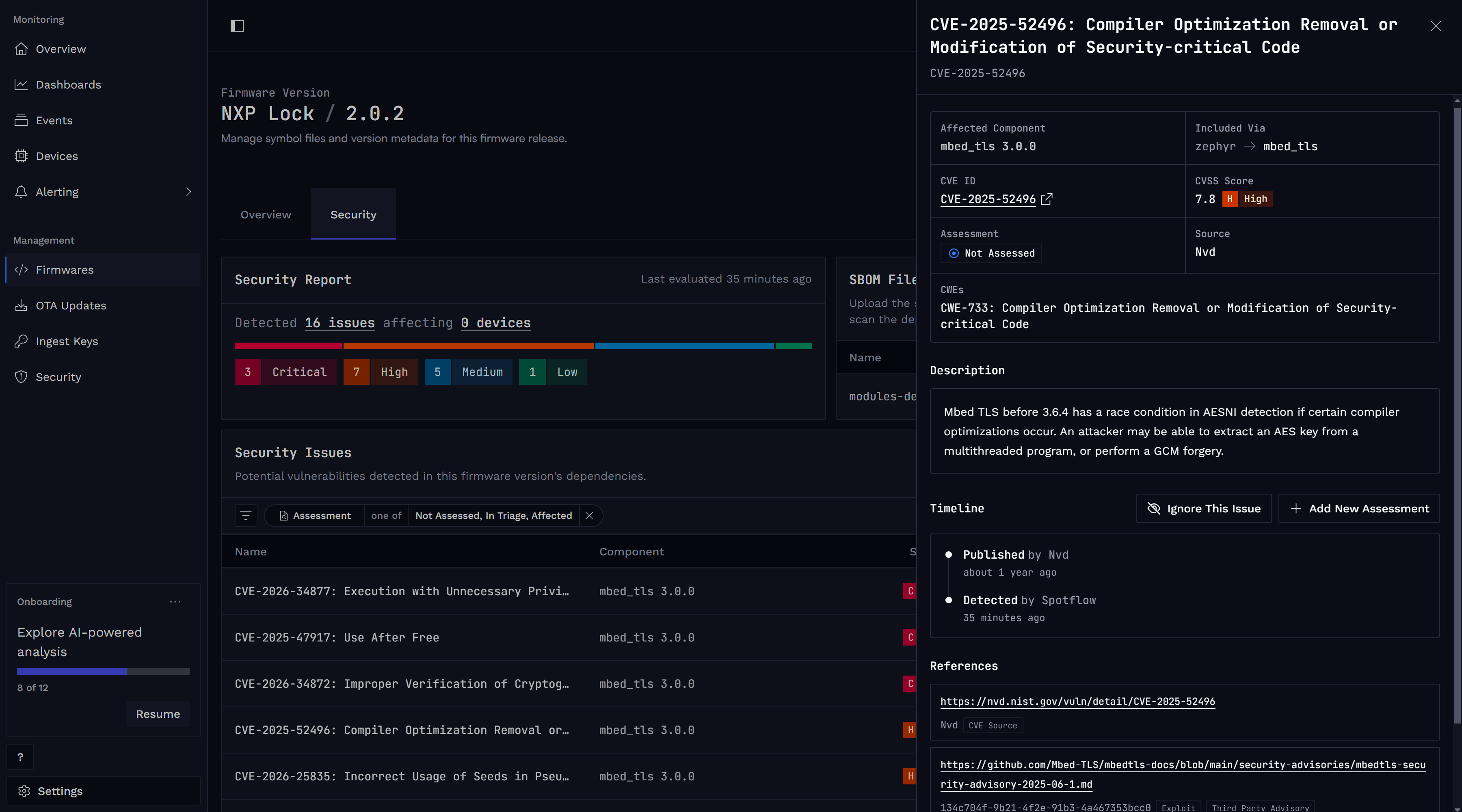 Security issue detail with severity, affected component, dependency chain, CWEs, external links, and audit timeline.