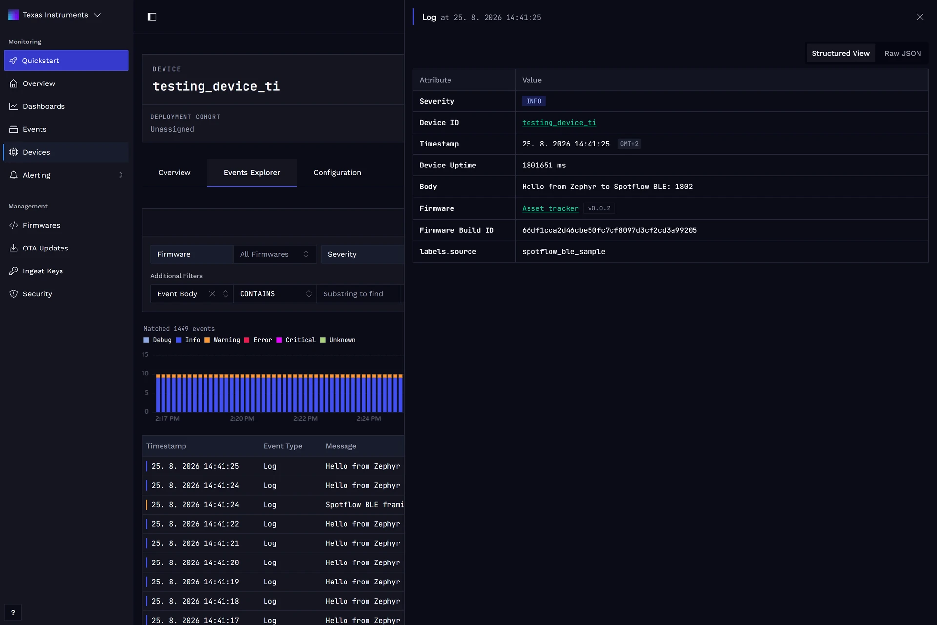 TI BLE logs in Device Events.
