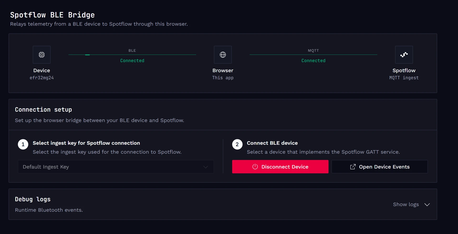 Connected BLE gateway in the web app.