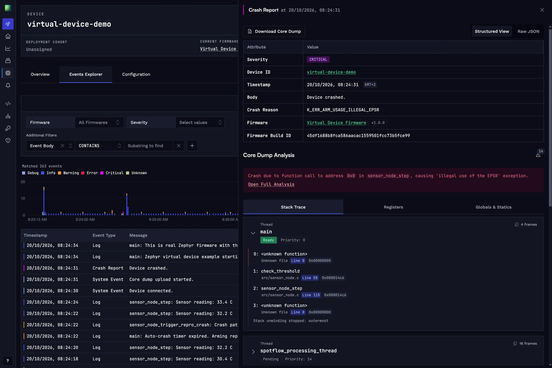 Crash report of the virtual device with the stack trace and the AI analysis.