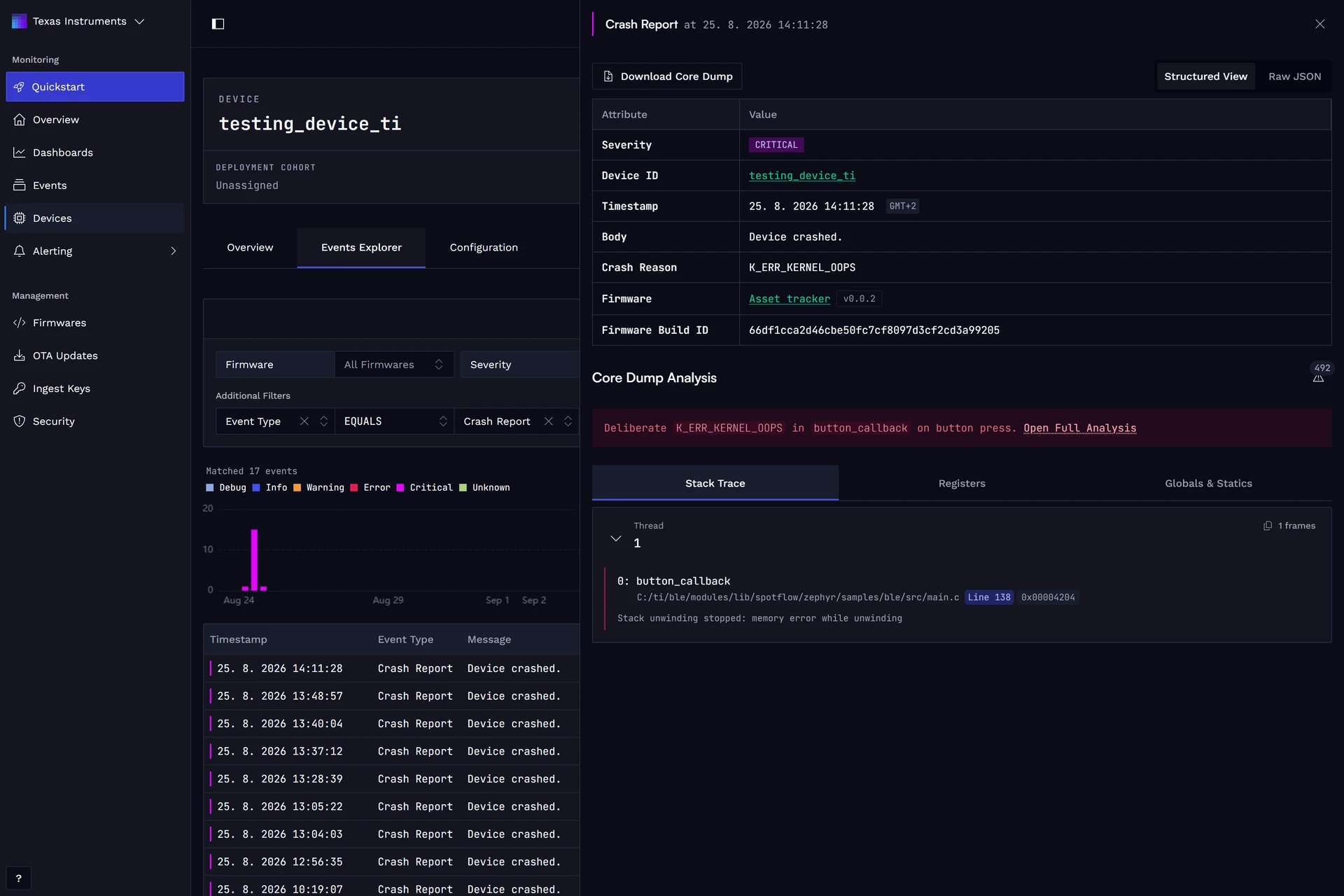 TI crash-report details in the Spotflow Web App.