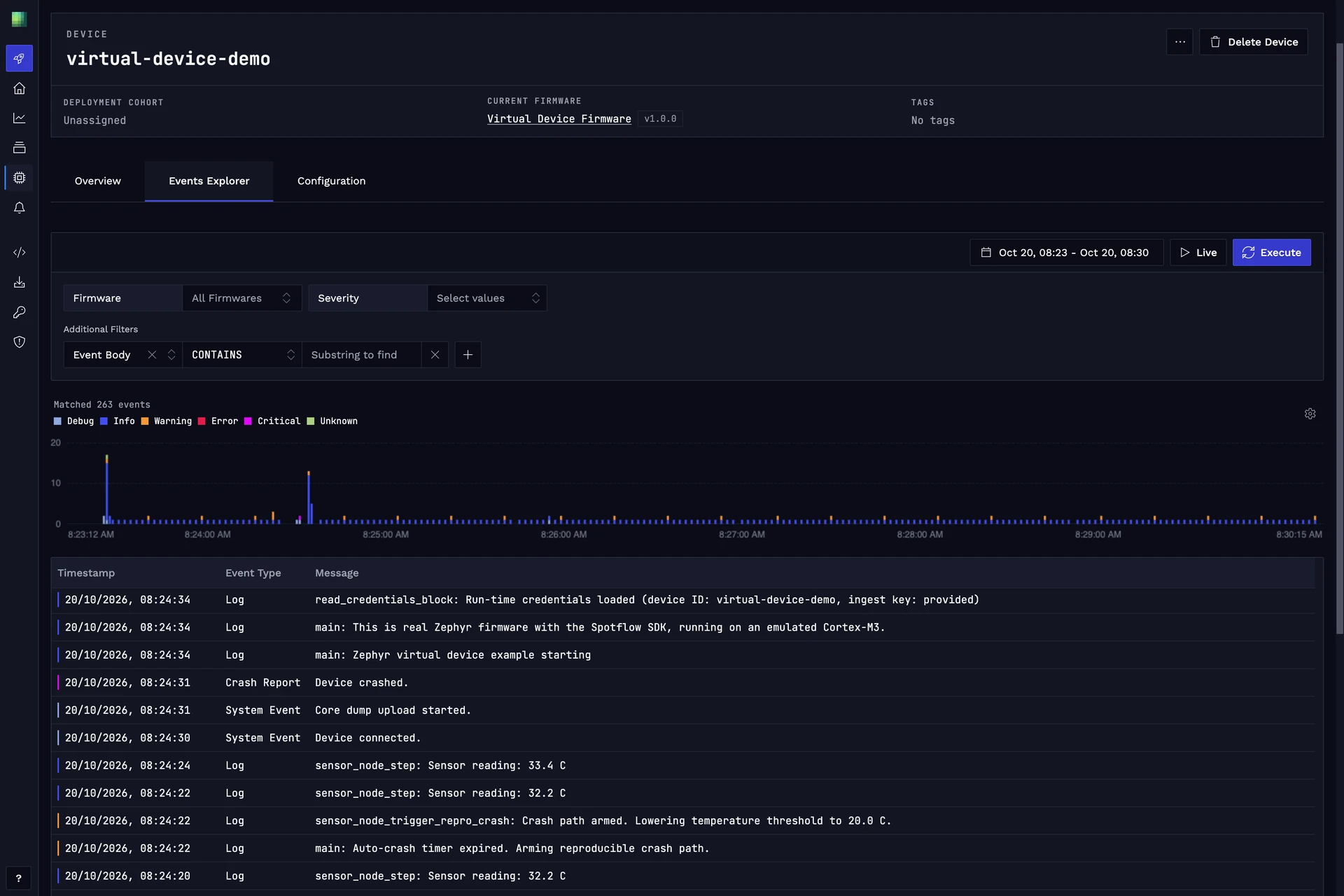 Events Explorer of the virtual device with its logs.
