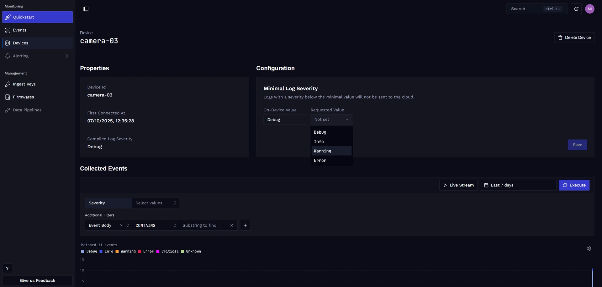 Device detail with reported and desired log severity.