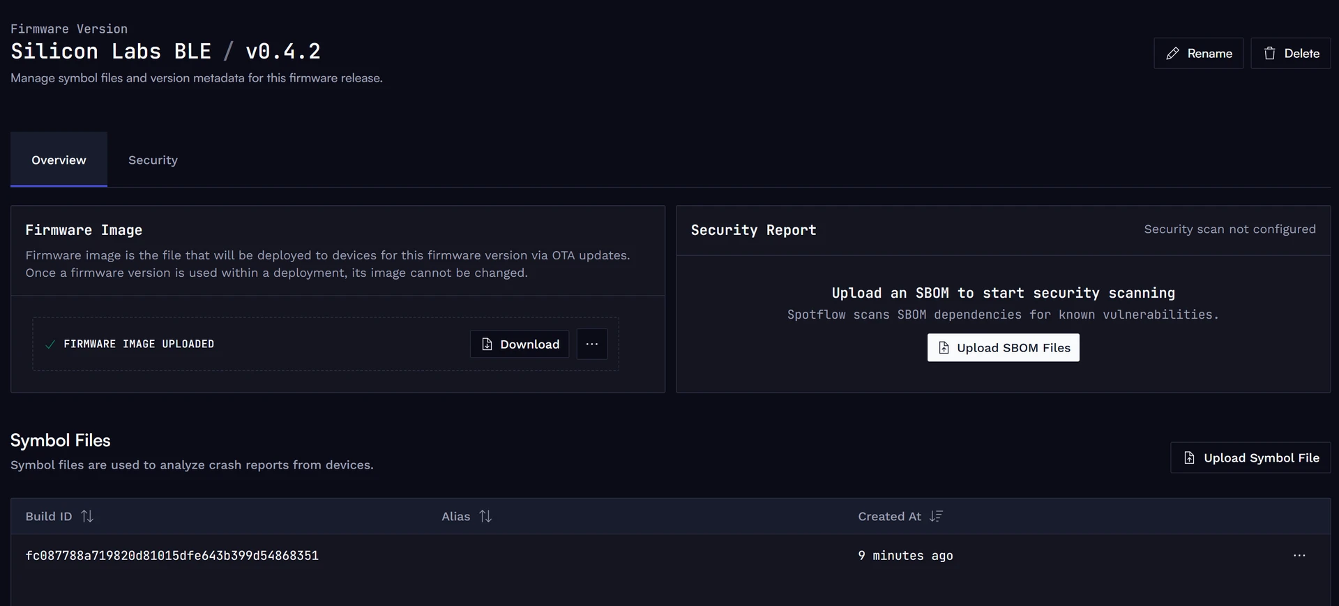 Firmware version detail with uploaded symbol file.