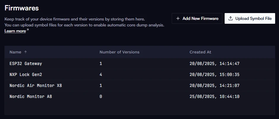 List of firmwares in the web application.