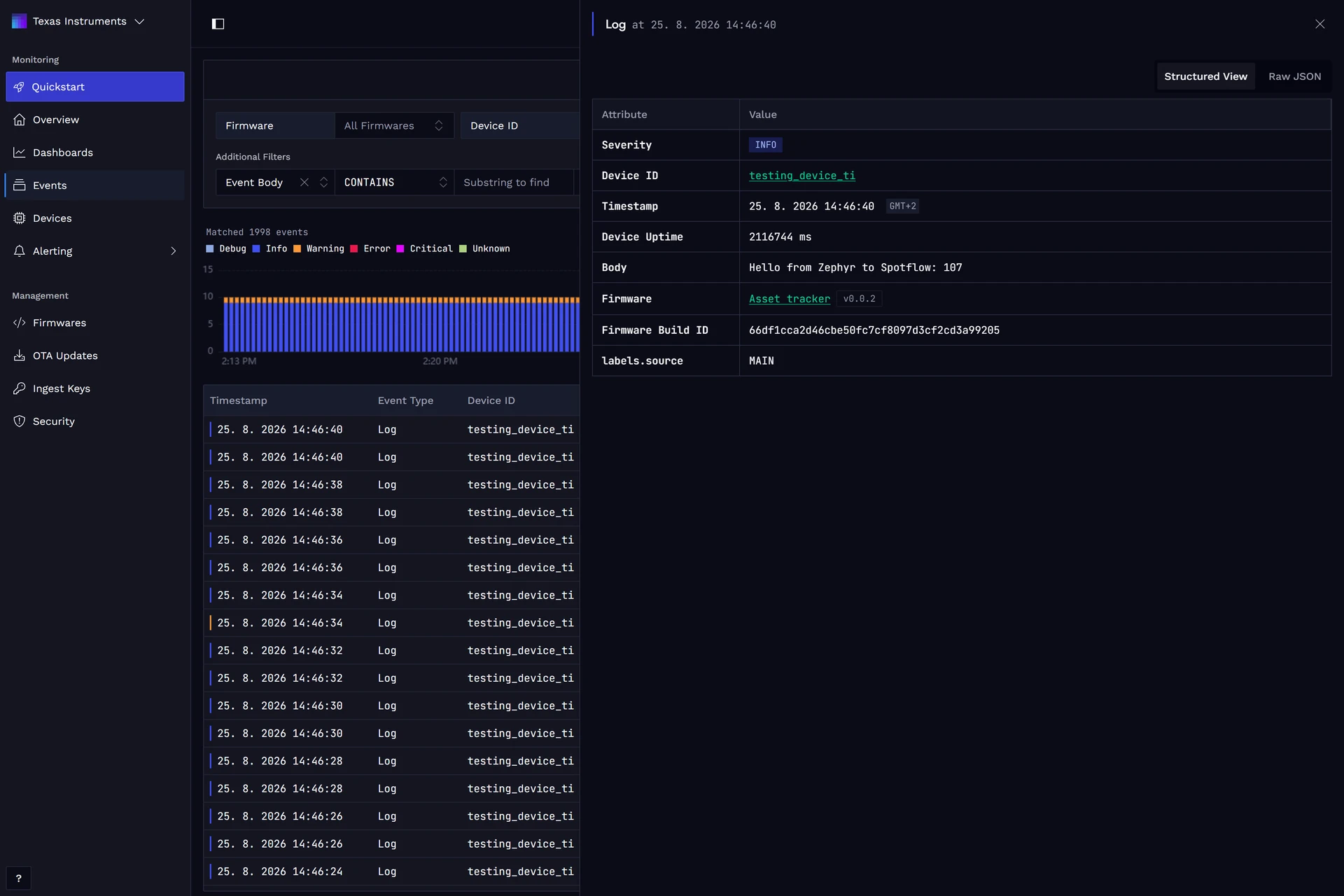 CC35X1 Wi-Fi log details in the Spotflow Web App.