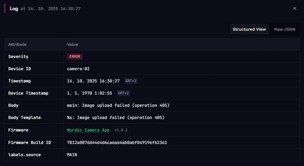 Log detail showing Build ID, firmware, and version.