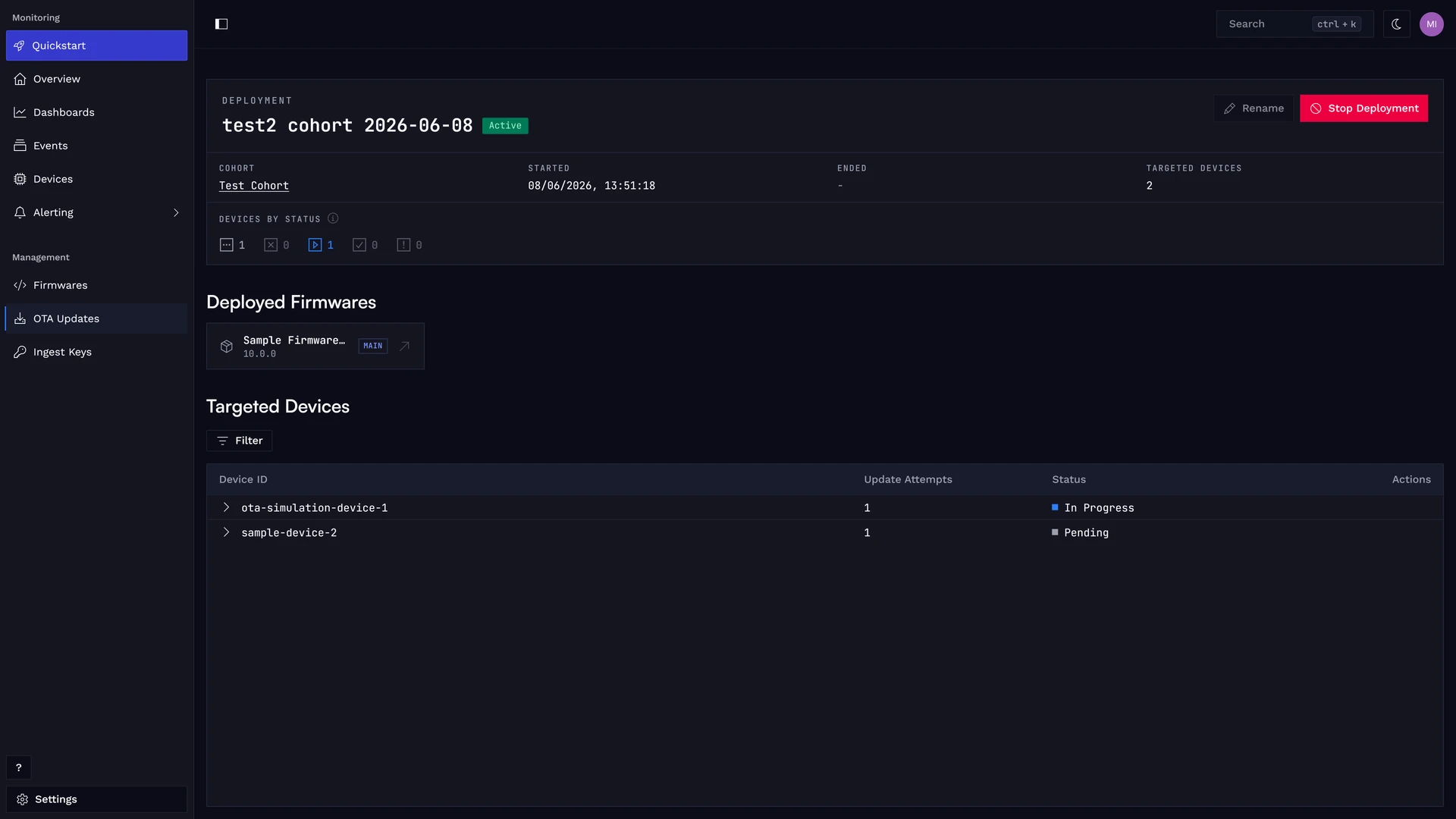 Deployment details with device states.