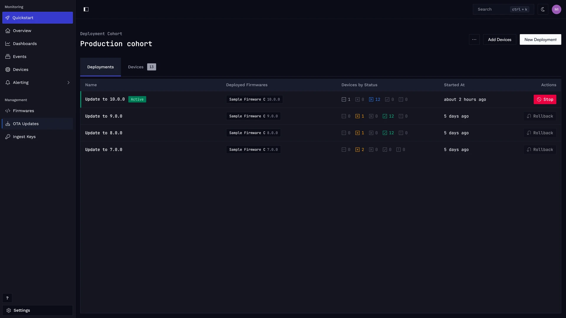 OTA deployment cohort showing the deployed firmware versions and device update statuses.