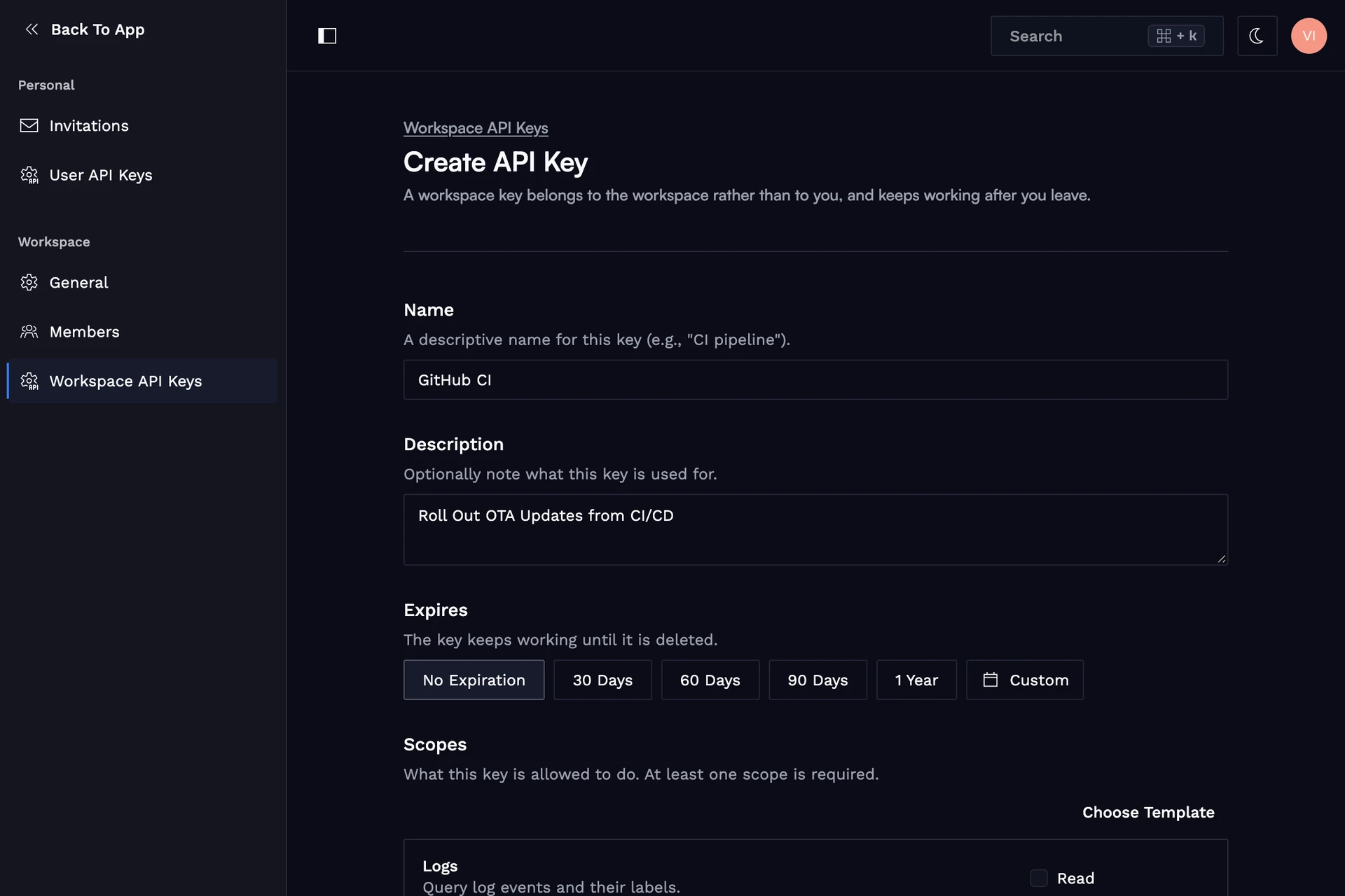 Workspace API key with Firmwares, Symbol files, and Deployments write scopes.