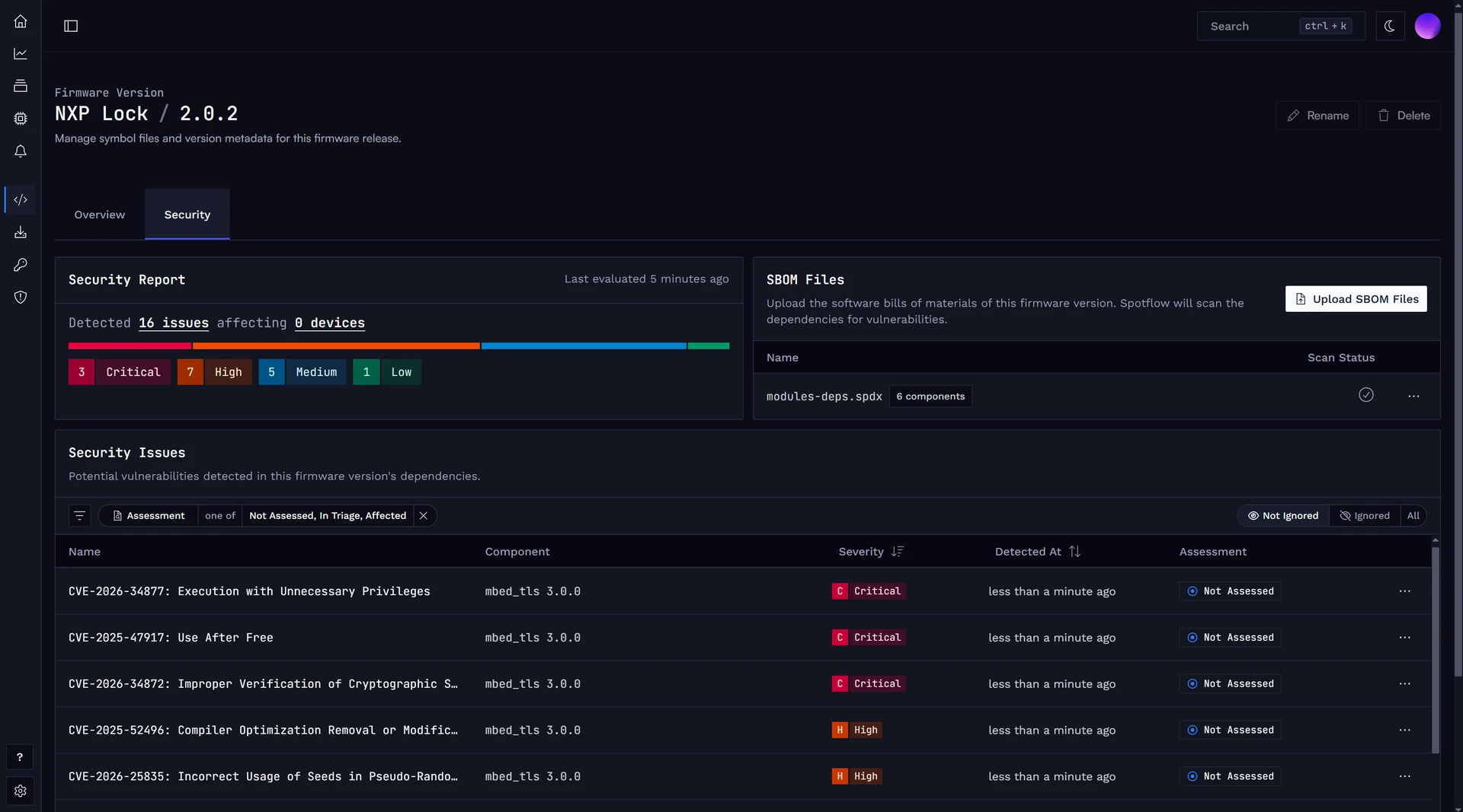 Firmware version detail showing the uploaded SBOM File and detected security issues.