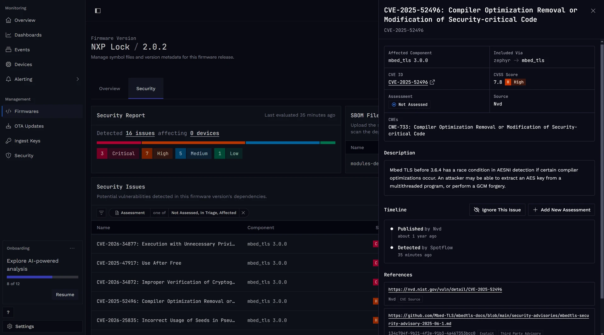 Security issue detail with severity, affected component, dependency chain, CWEs, external links, and audit timeline.