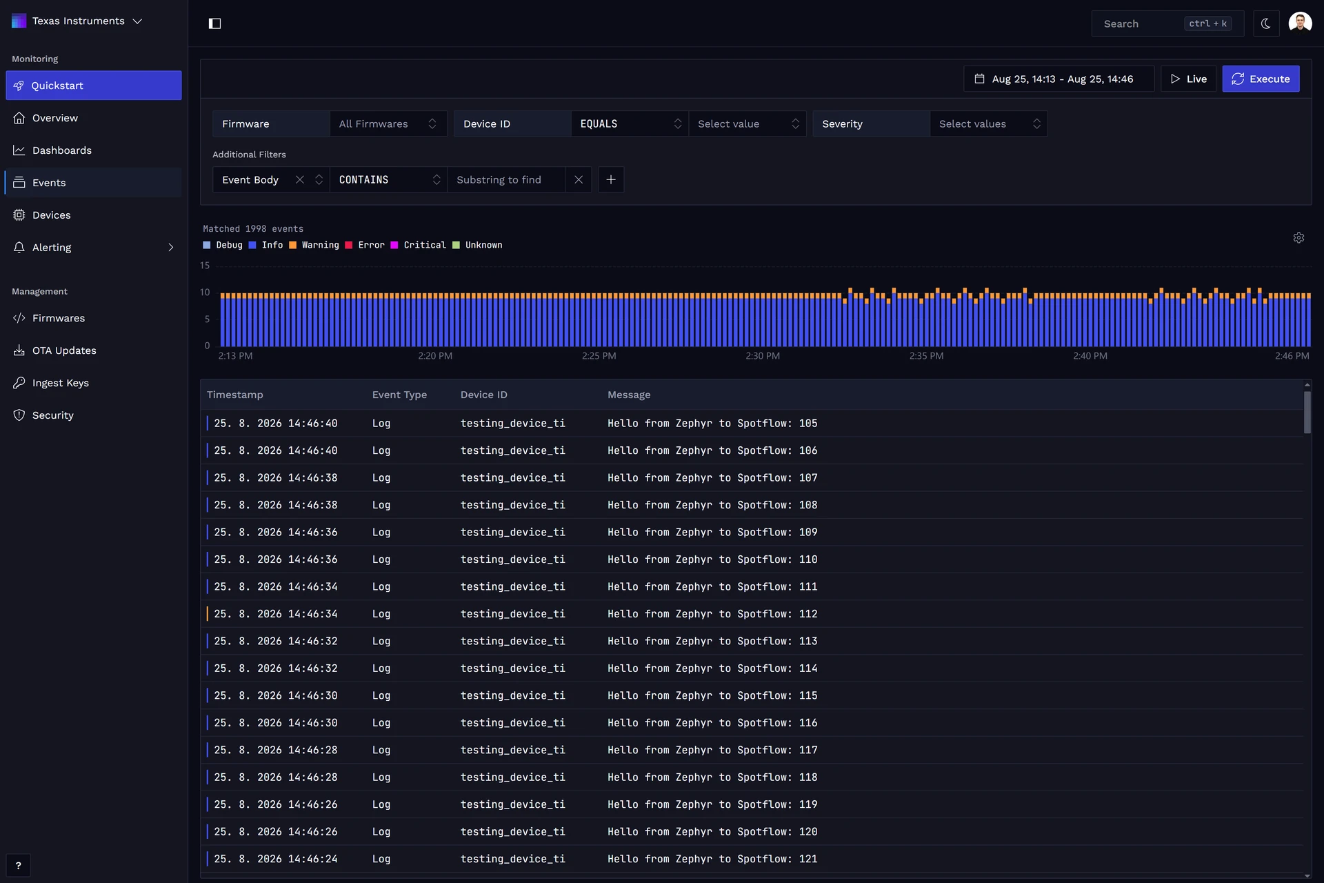 CC35X1 Wi-Fi logs in Device Events.